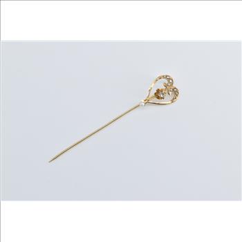 14K Victorian Seed Pearl Diamond Heart Ornate Yellow Gold Stick Pin