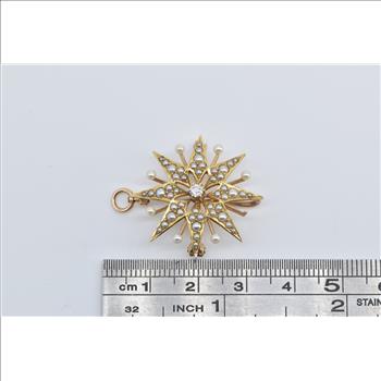 14K Victorian Seed Pearl Diamond Star Flower Yellow Gold Pendant/Pin