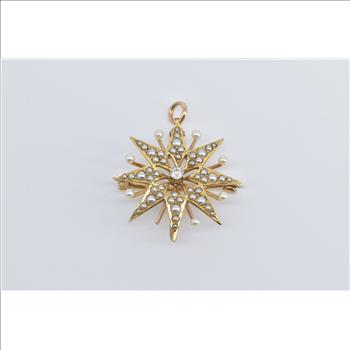 14K Victorian Seed Pearl Diamond Star Flower Yellow Gold Pendant/Pin