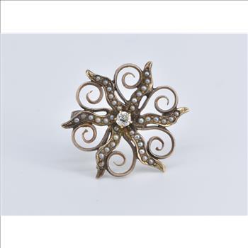 14K Victorian Seed Pearl Diamond Sun Flower Rose Gold Pin/Brooch