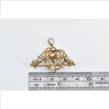 14K Victorian Seed Pearl Opal Flower Swirl Drop Yellow Gold Pendant/Pin