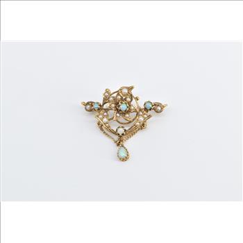 14K Victorian Seed Pearl Opal Flower Swirl Drop Yellow Gold Pendant/Pin