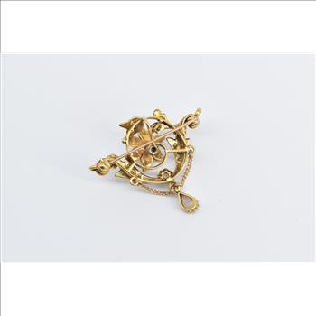 14K Victorian Seed Pearl Opal Flower Swirl Drop Yellow Gold Pendant/Pin