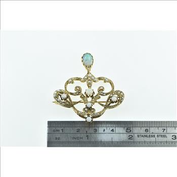 14K Victorian Seed Pearl Opal Ornate Drop Statement Yellow Gold Pendant/Pin