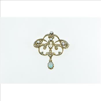 14K Victorian Seed Pearl Opal Ornate Drop Statement Yellow Gold Pendant/Pin