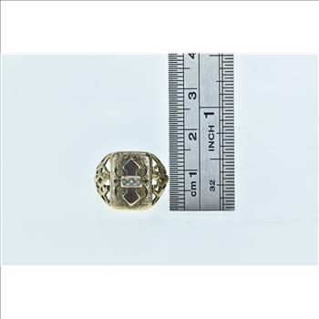 14K Victorian Seed Pearl Ornate Squared Signet Yellow Gold Ring, Size 3.25