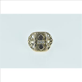 14K Victorian Seed Pearl Ornate Squared Signet Yellow Gold Ring, Size 3.25