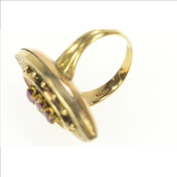 14K Victorian Tiered Rhodolite Garnet Navette Cocktail Yellow Gold Ring, Size 6