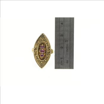 14K Victorian Tiered Rhodolite Garnet Navette Cocktail Yellow Gold Ring, Size 6
