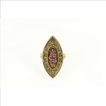 14K Victorian Tiered Rhodolite Garnet Navette Cocktail Yellow Gold Ring, Size 6