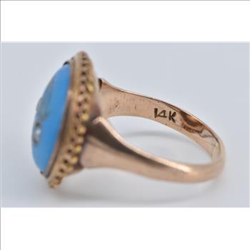 14K Victorian Turquoise Seed Pearl Swirl Statement Rose Gold Ring, Size 5.5