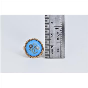 14K Victorian Turquoise Seed Pearl Swirl Statement Rose Gold Ring, Size 5.5