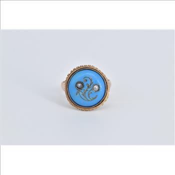 14K Victorian Turquoise Seed Pearl Swirl Statement Rose Gold Ring, Size 5.5