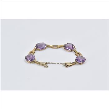 14K Vintage Amethyst Ornate Bar Chain Statement Yellow Gold Bracelet 6.25