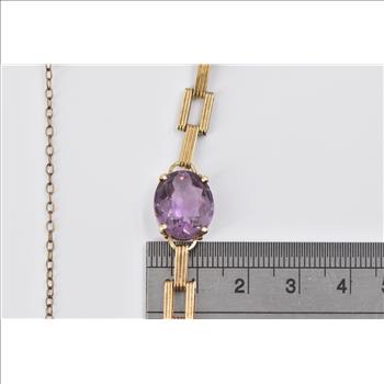 14K Vintage Amethyst Ornate Bar Chain Statement Yellow Gold Bracelet 6.25