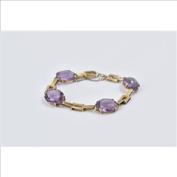14K Vintage Amethyst Ornate Bar Chain Statement Yellow Gold Bracelet 6.25