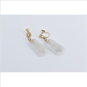 14K Vintage Carved Jadeite Vine Dangle Screw Back Yellow Gold Earrings