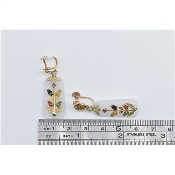 14K Vintage Carved Jadeite Vine Dangle Screw Back Yellow Gold Earrings