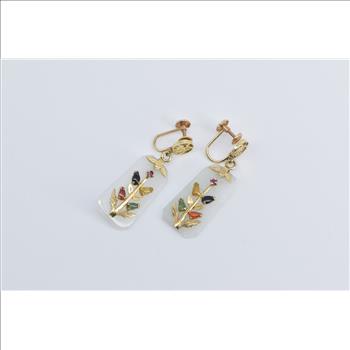 14K Vintage Carved Jadeite Vine Dangle Screw Back Yellow Gold Earrings