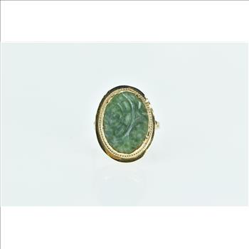 14K Vintage Carved Nephrite Floral Statement Yellow Gold Ring, Size 7.5