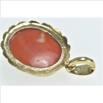 14K Vintage Coral Cabochon Scalloped Trim Yellow Gold Pendant
