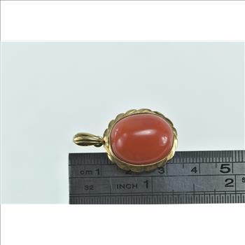 14K Vintage Coral Cabochon Scalloped Trim Yellow Gold Pendant