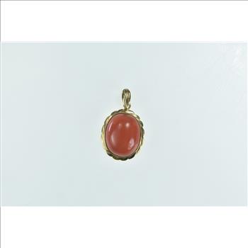 14K Vintage Coral Cabochon Scalloped Trim Yellow Gold Pendant