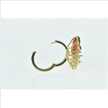 14K Vintage Coral Diamond Butterfly Statement Yellow Gold Ring, Size 6.75