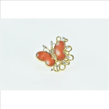 14K Vintage Coral Diamond Butterfly Statement Yellow Gold Ring, Size 6.75