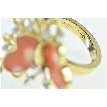 14K Vintage Coral Diamond Butterfly Statement Yellow Gold Ring, Size 6.75