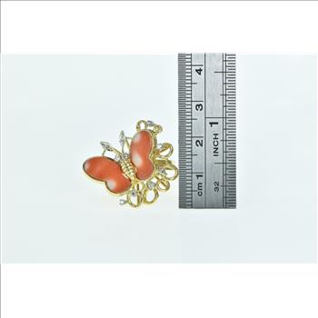 14K Vintage Coral Diamond Butterfly Statement Yellow Gold Ring, Size 6.75