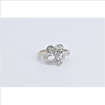 14K Vintage Diamond Bow Ribbon Flower White Gold Ring, Size 4.75