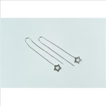 14K Vintage Diamond Star Dangle Chain Through Ear White Gold Earrings