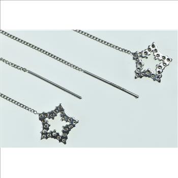 14K Vintage Diamond Star Dangle Chain Through Ear White Gold Earrings
