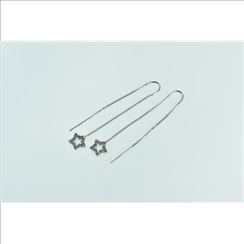 14K Vintage Diamond Star Dangle Chain Through Ear White Gold Earrings