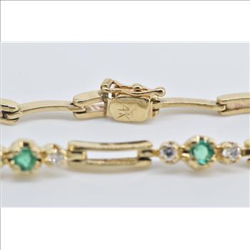 14K Vintage Emerald Diamond Accent Bar Link Yellow Gold Bracelet 6.75