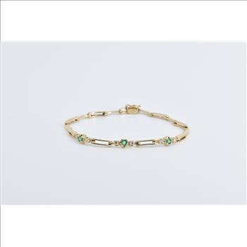 14K Vintage Emerald Diamond Accent Bar Link Yellow Gold Bracelet 6.75