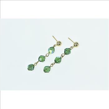 14K Vintage Green Glass Beaded Chain Dangle Yellow Gold Earrings