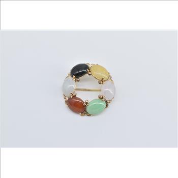 14K Vintage Jadeite Cabochon Round Fashion Yellow Gold Pin/Brooch