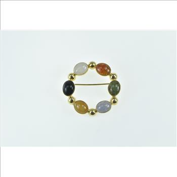 14K Vintage Multi Stone Cabochon Circle Yellow Gold Pin/Brooch