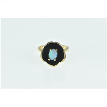 14K Vintage Natural Opal Ornate Tulip Flower Yellow Gold Ring, Size 5.75