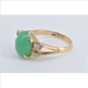 14K Vintage Oval Green Chalcedony Diamond Yellow Gold Ring, Size 6.75