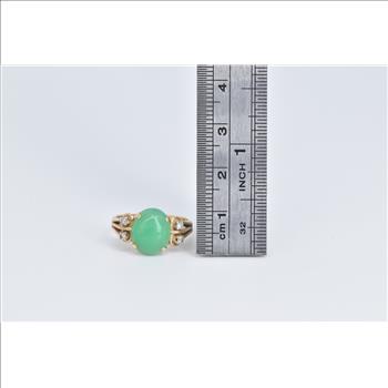 14K Vintage Oval Green Chalcedony Diamond Yellow Gold Ring, Size 6.75