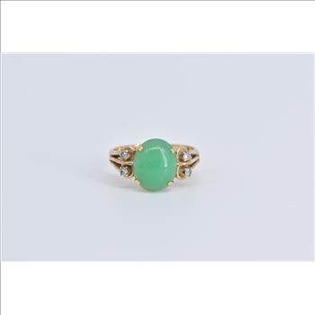 14K Vintage Oval Green Chalcedony Diamond Yellow Gold Ring, Size 6.75