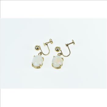 14K Vintage Oval Natural Opal Screw Back Statement Yellow Gold Earrings