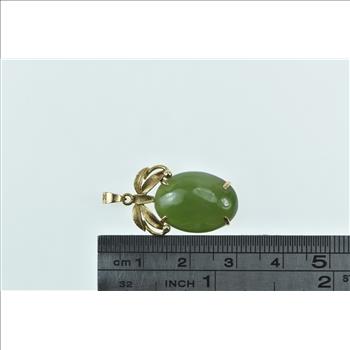 14K Vintage Oval Nephrite Cabochon Ribbon Yellow Gold Pendant