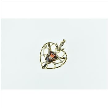 14K Vintage Pear Garnet Diamond Caged Heart Love Yellow Gold Pendant