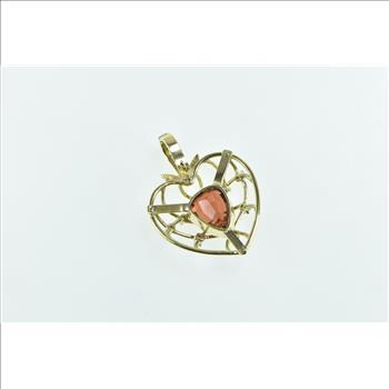 14K Vintage Pear Garnet Diamond Caged Heart Love Yellow Gold Pendant