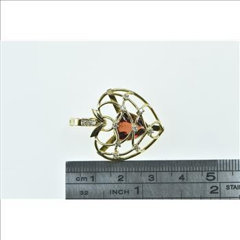 14K Vintage Pear Garnet Diamond Caged Heart Love Yellow Gold Pendant