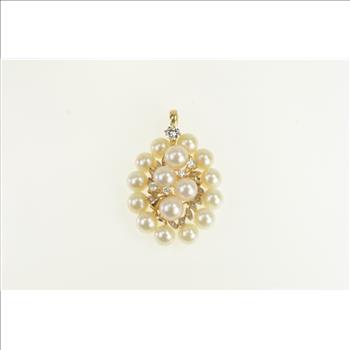14K Vintage Pearl 0.59 Ctw Diamond Cluster Yellow Gold Pendant